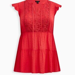 Chiffon Swiss Dot Crochet Inset Tie-Front Top - Tea Berry